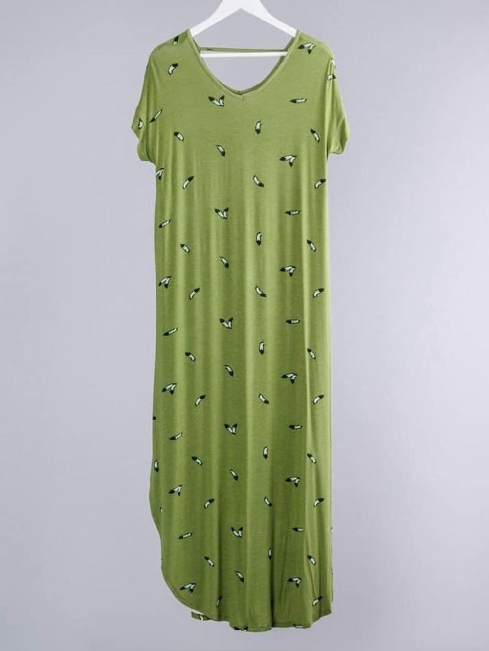 LuLaRoe Macy Olive Green V-Neck Maxi Dress with Tiny Leaf Print